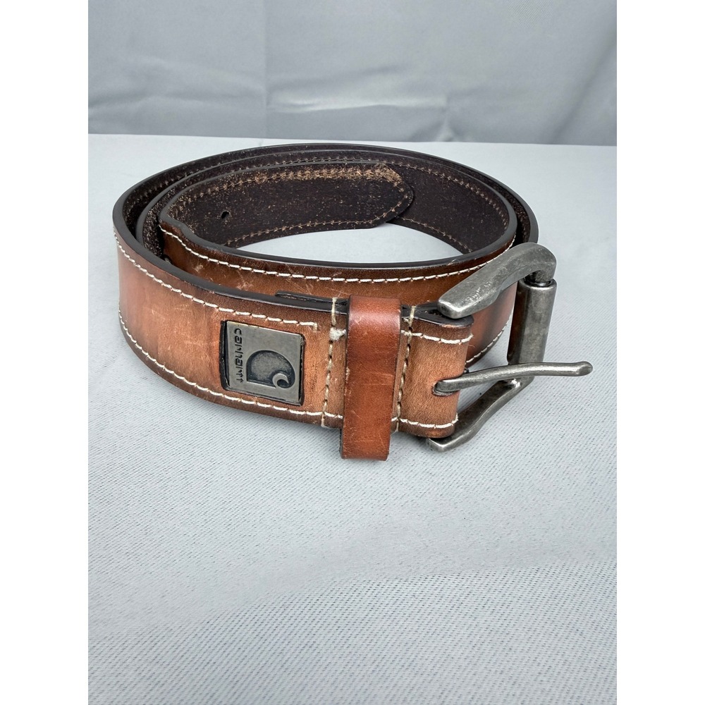 Carhartt Mens Leather Work Belt Brown Metal Logo Roller Buckle Size 42 51 Inch